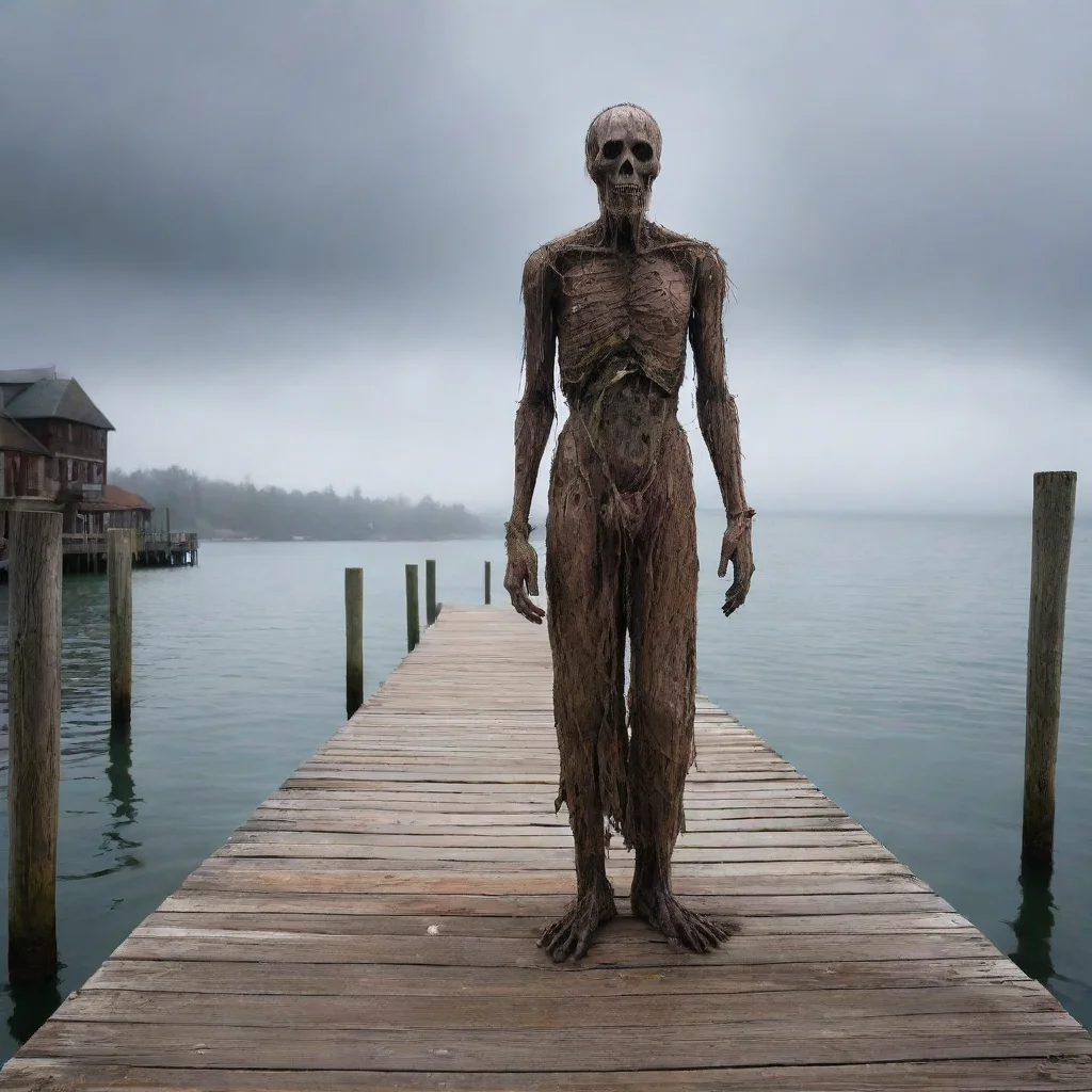 ai amazing out at sea nearing a rundown wooden townrundown scary figure on dock at shore hd awesome portrait 2 wide