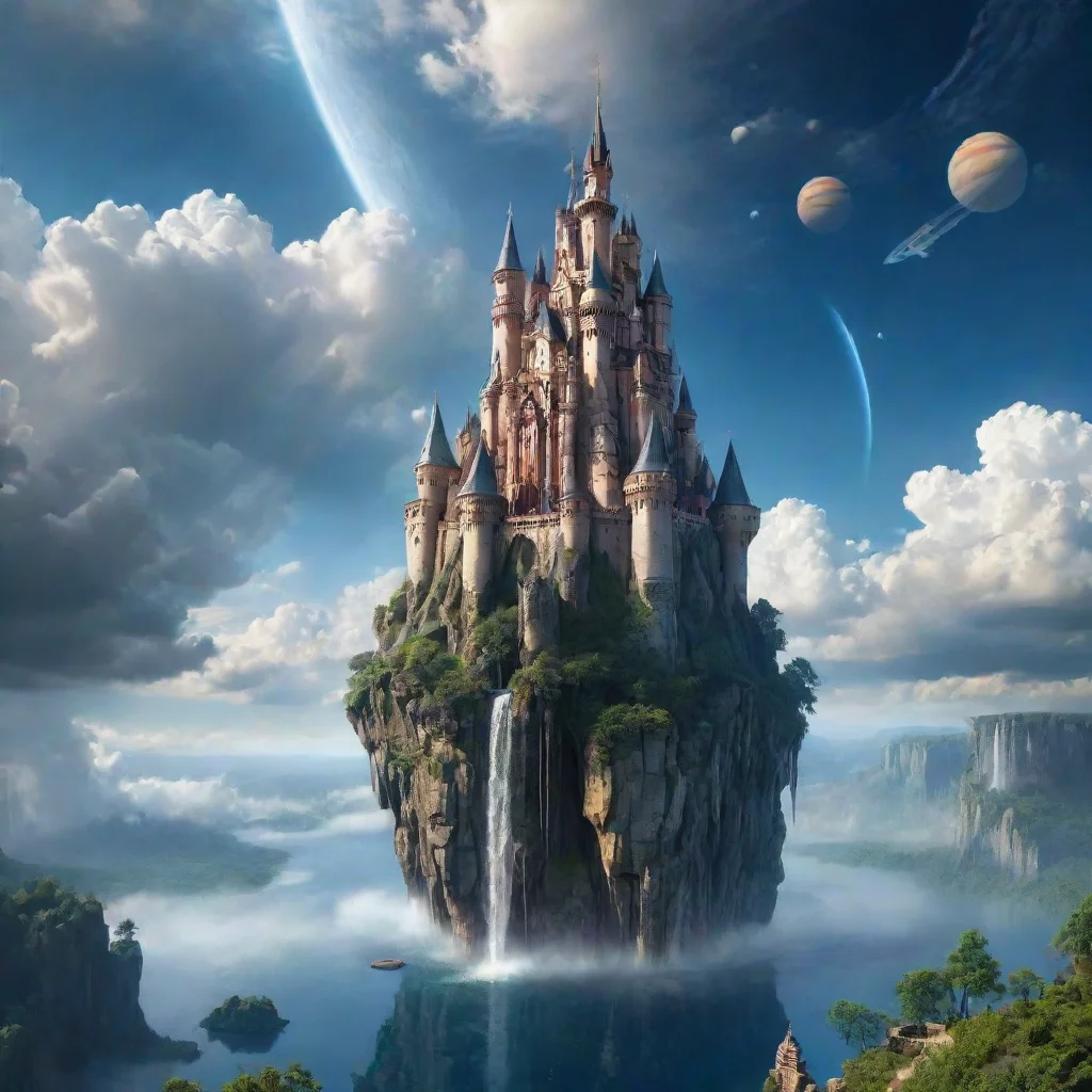  amazing peaceful castle in sky epic floating castle on floating cliffs with waterfalls down beautiful sky with saturn pl
