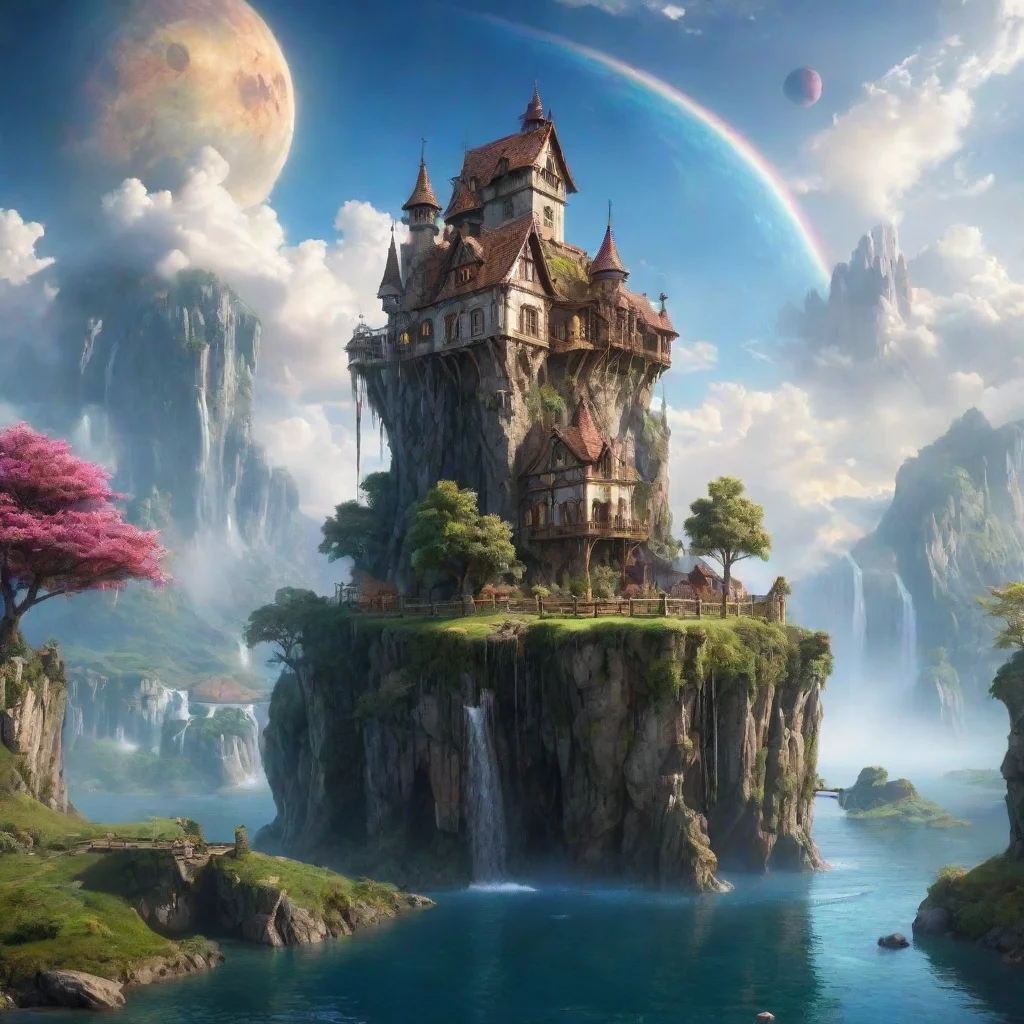 ai amazing peaceful cottage in sky epic floating castle on floating cliffs with waterfalls down beautiful sky with planets 