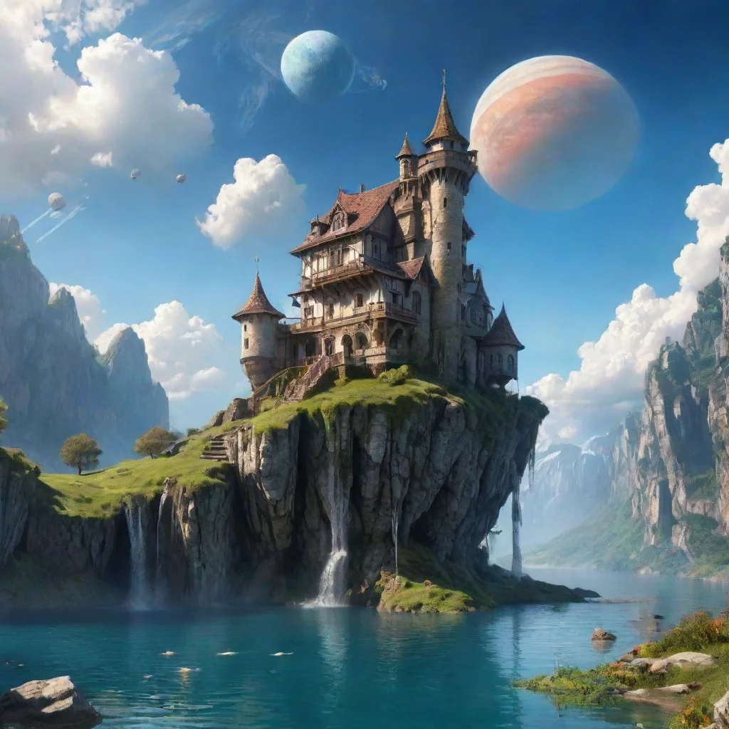  amazing peaceful cottage in sky epic floating castle on floating cliffs with waterfalls down beautiful sky with saturn p