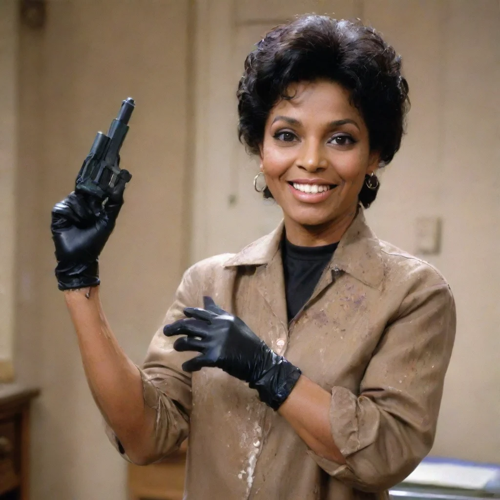 ai amazing phylicia rashad as clair huxtable from the cosby show smilingwith black medical nitrile gloves and gun and mayon