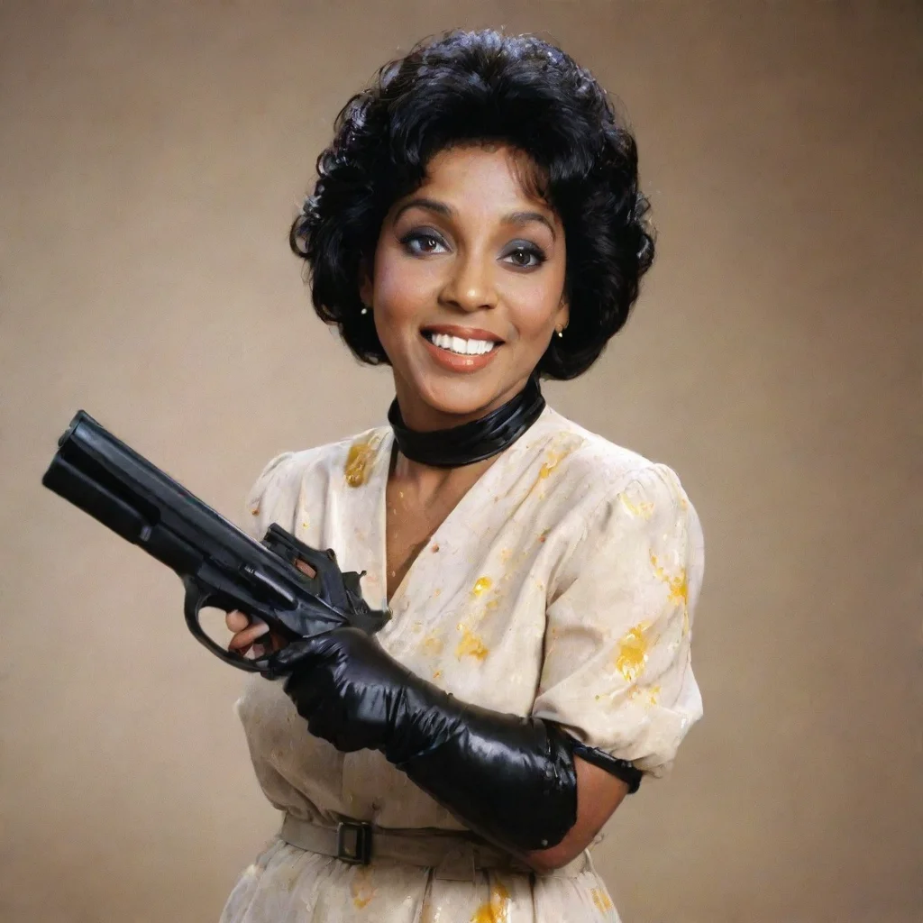 ai amazing phylicia rashad as clair huxtable from the cosby show smilingwith black nice nitrile gloves and gun and mayonnai