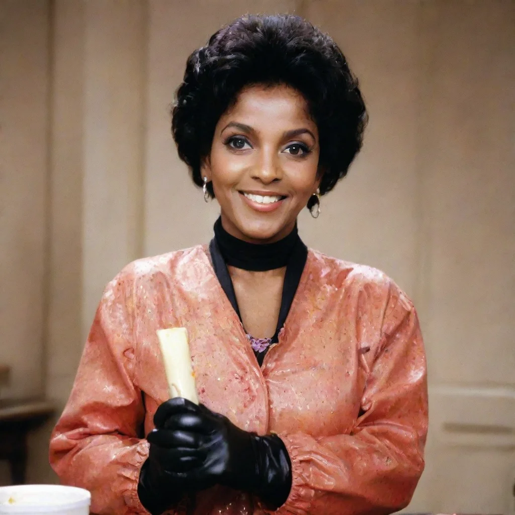 ai amazing phylicia rashad as clair huxtable from the cosby show smilingwith black tough nitrile gloves and gun and mayonna