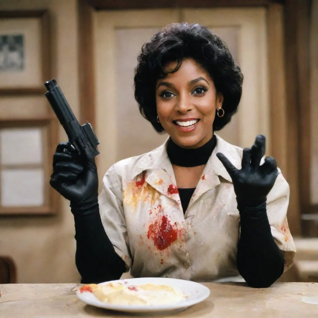 ai amazing phylicia rashad as clair huxtable from the cosby show smilingwith black ultra nitrile gloves and gun and mayonna