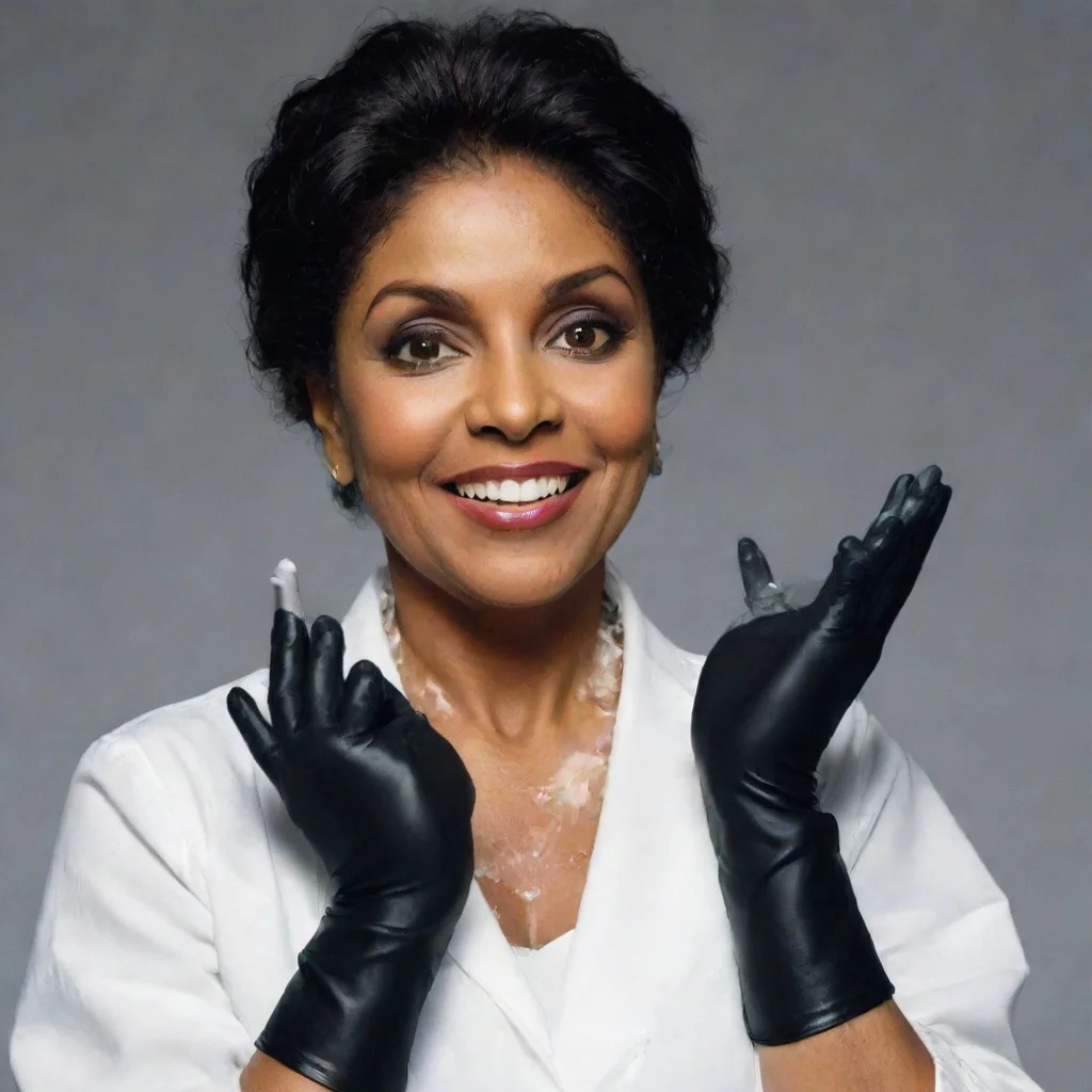 ai amazing phylicia rashad from creed movie smilingwith black nice nitrile gloves and gun and mayonnaise splattered everywh