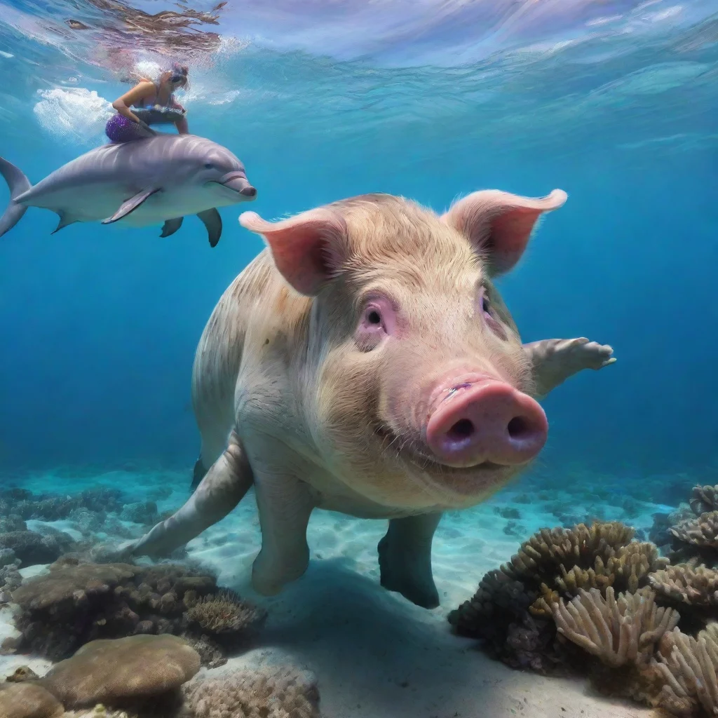 ai amazing pig rides dolphin near a coral reef by the beach awesome portrait 2
