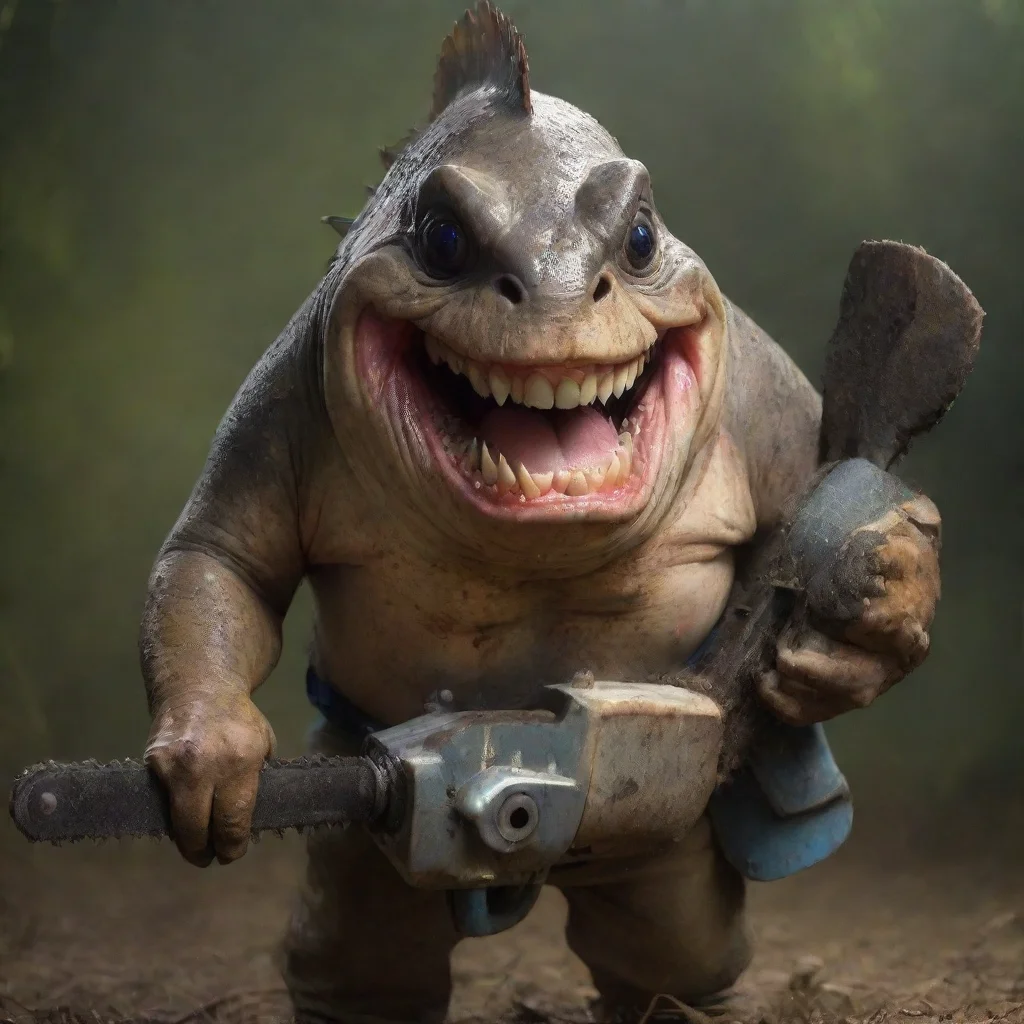 ai amazing piranha with big psyco smile holding a chainsaw awesome portrait 2