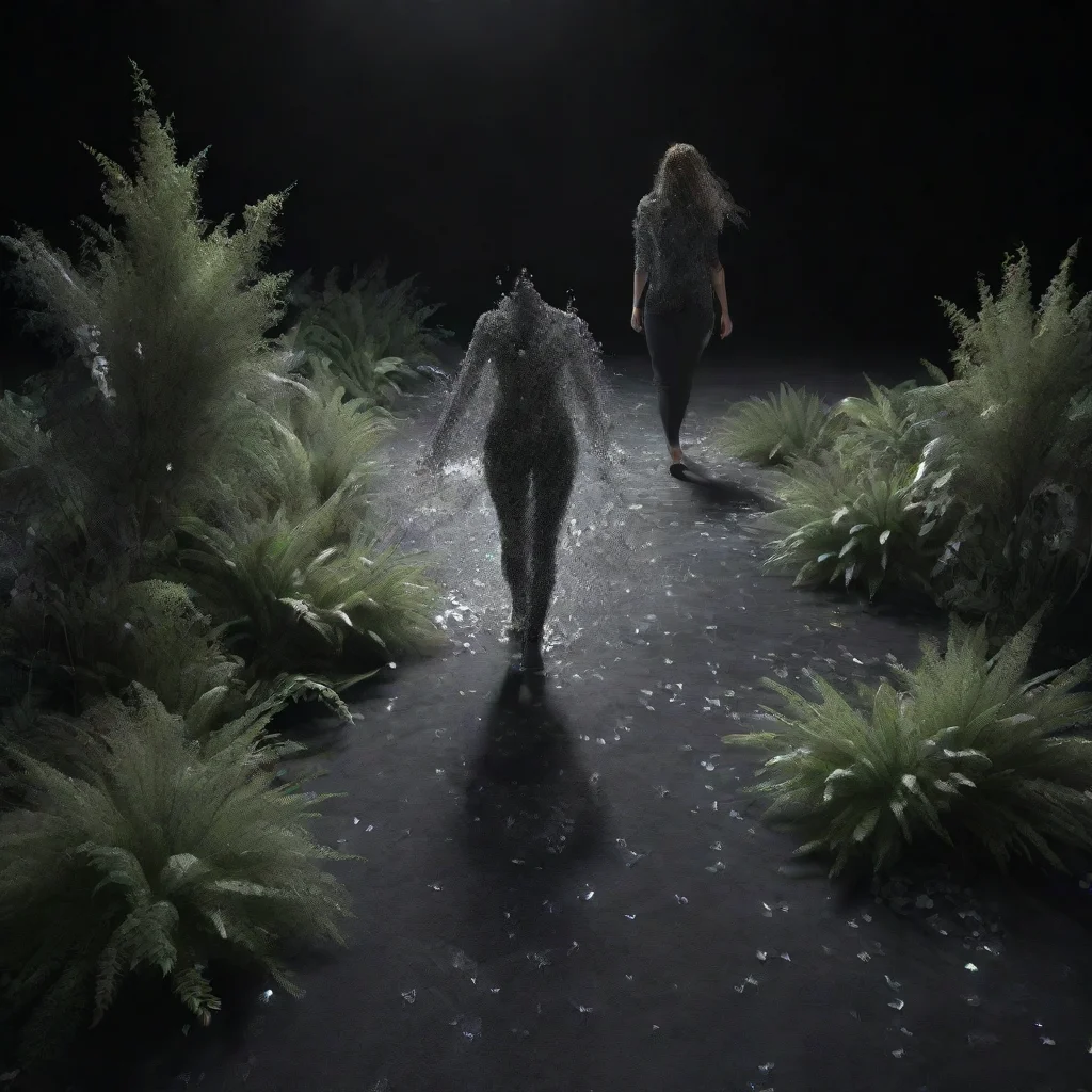 ai amazing point cloud data of human walking with flowing fabric andplants and crystals on floor3d octane rendersolid black