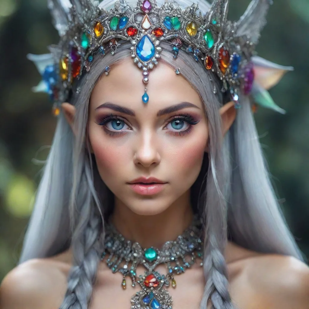  amazing portrait of a mysterious beautiful elffemalewith a strange silver headdress with plenty of multicolored jewels a
