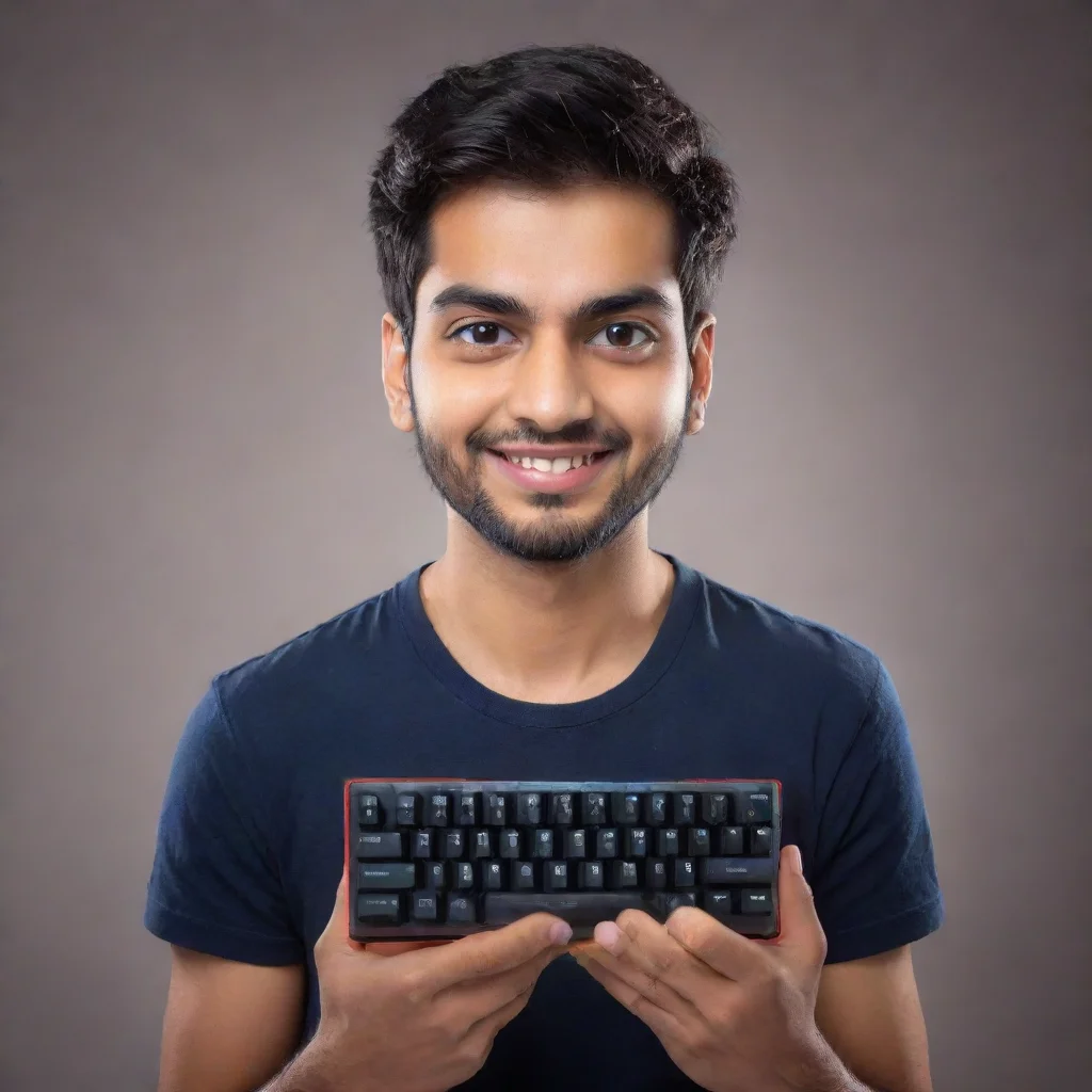 ai amazing rakazone gaming aka rishab karanwal holding a keybord with the brand name meckeys awesome portrait 2