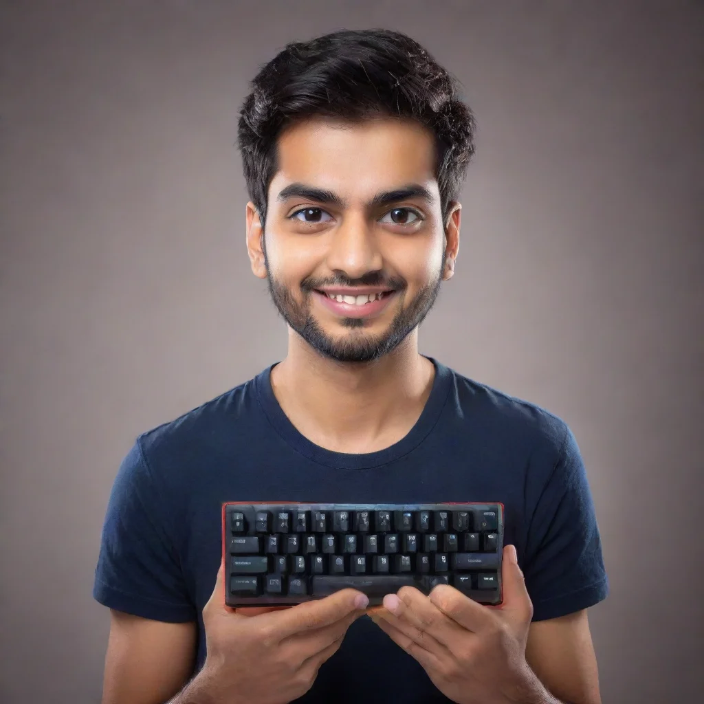 amazing rakazone gaming aka rishab karanwal holding a keybord with the brand name meckeys awesome portrait 2