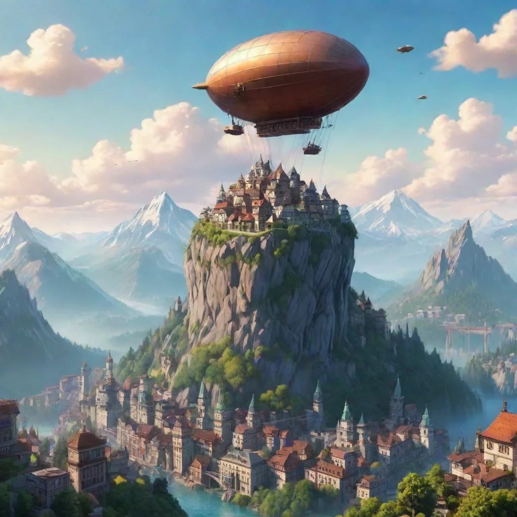 ai amazing realistic cartoon city flying airship mountain top relaxing calm hd aesthetic peace wide