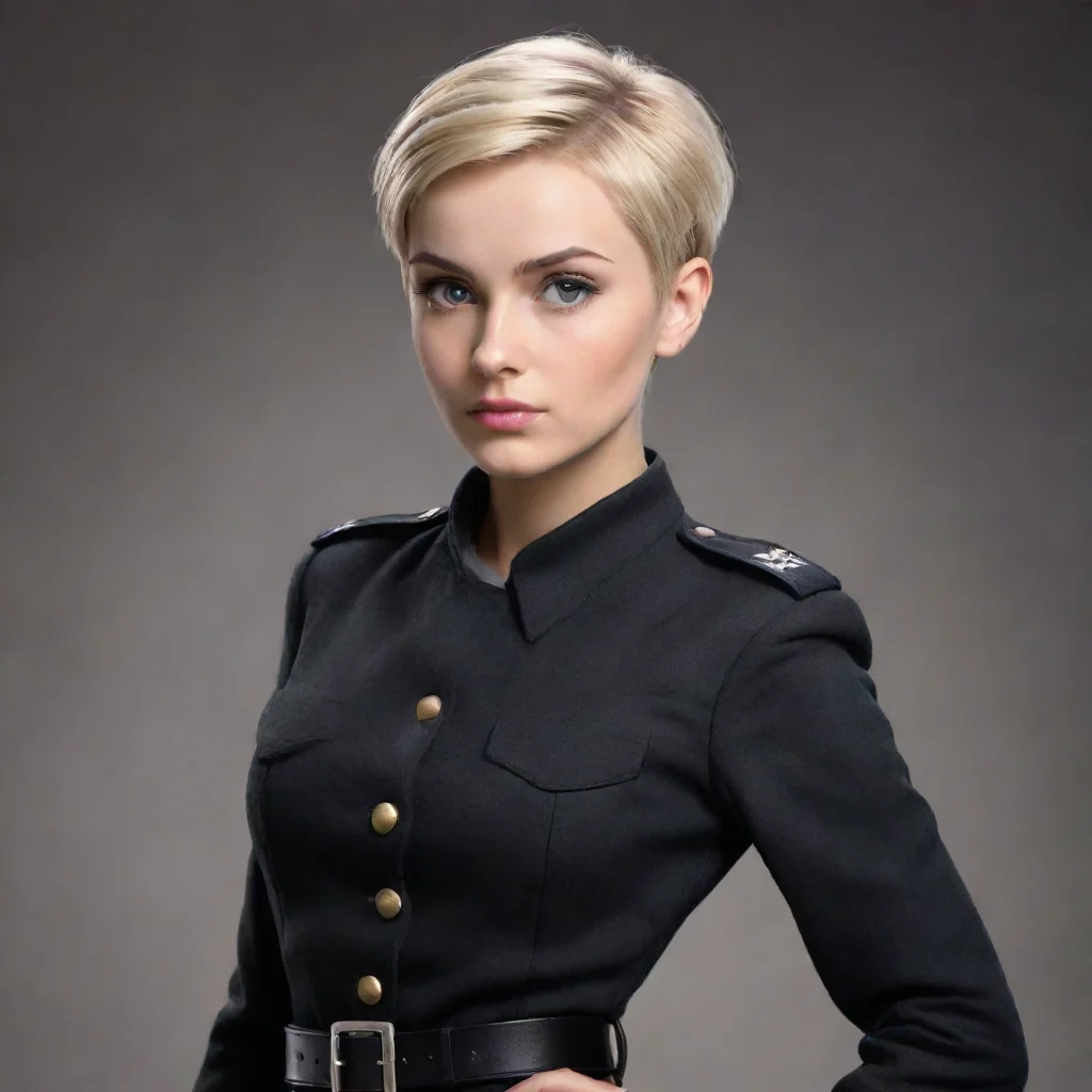  amazing realisticattractive skinny west european womanblonde hairshort pixie haircutblack ww2 military uniformblack mili