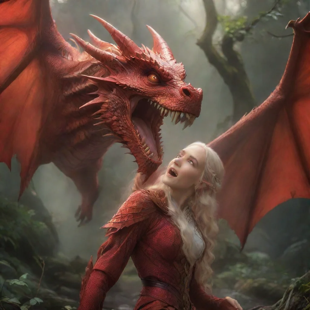 ai amazing red dragon spreads its wings and opens it mouth towards elven princess awesome portrait 2