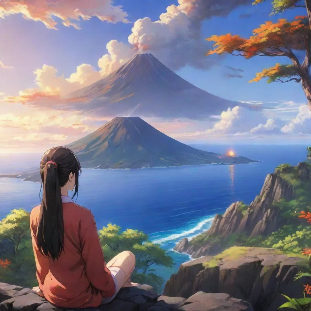 ai amazing relaxing anime scene serene lookout over ocean with volcano lovely awesome portrait 2 wide