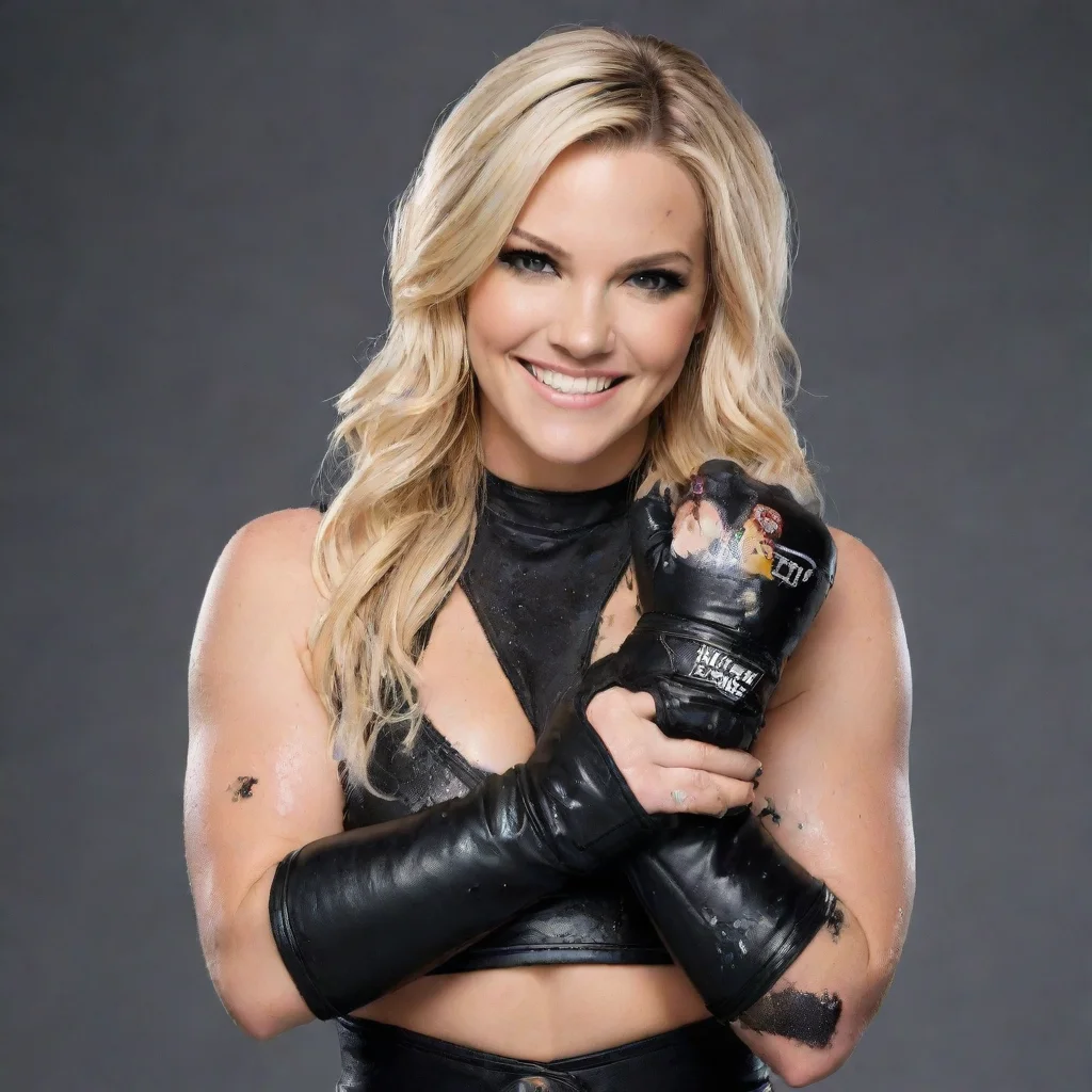 ai amazing renee young wwe smiling with black gloves and gun and mayonnaise splattered everywhere awesome portrait 2