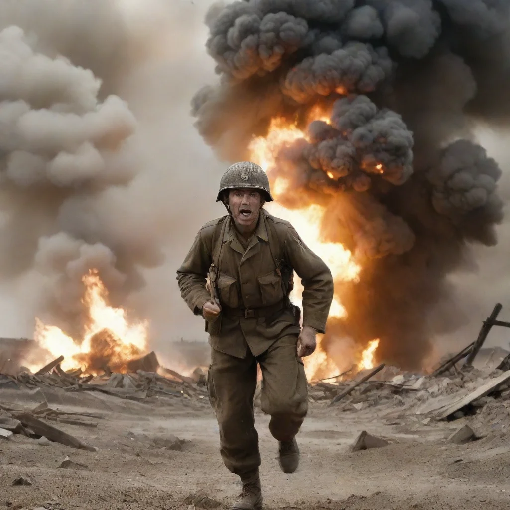 ai amazing res 16 9ww2explosion in the background and a terrified soldier in the front awesome portrait 2 wide