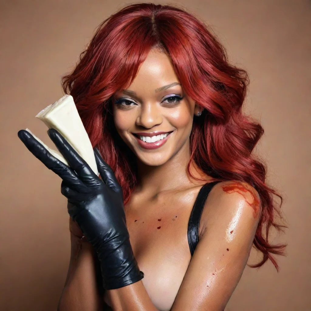 amazing rihanna red hair smiling with black comfy nitrile gloves and gun and mayonnaise splattered everywhere awesome po