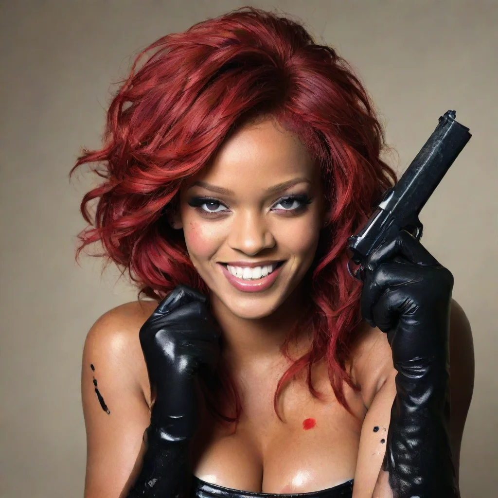 ai amazing rihanna red hair smiling with black comfy nitrile gloves and gun andmayonnaise splattered everywhere awesome por