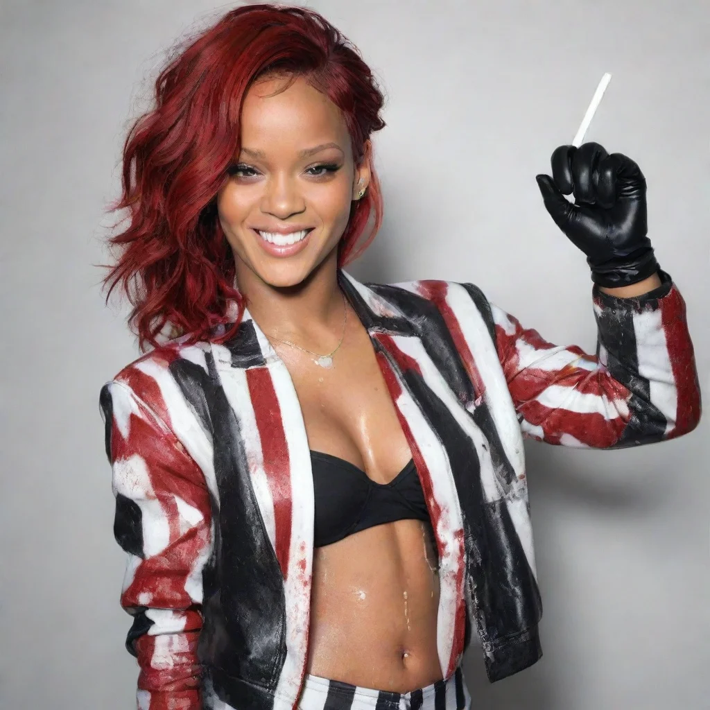 ai amazing rihanna red hair smilingwearing a black and white stripedjacket over a black bathing suit with black comfy nitri