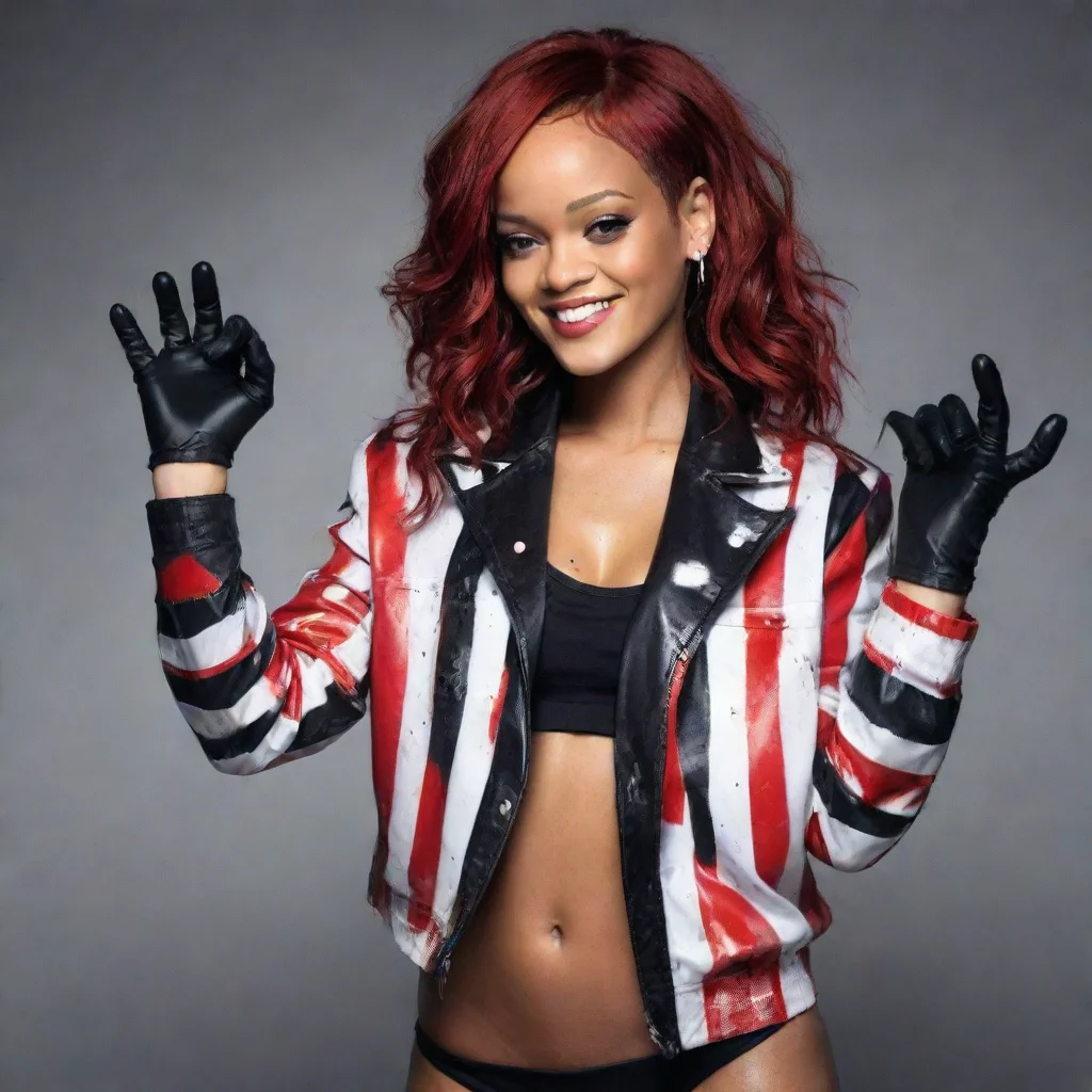 ai amazing rihanna red hairsmilingwearing a black and white stripedjacket over a black bathing suit with blacknitrile glove