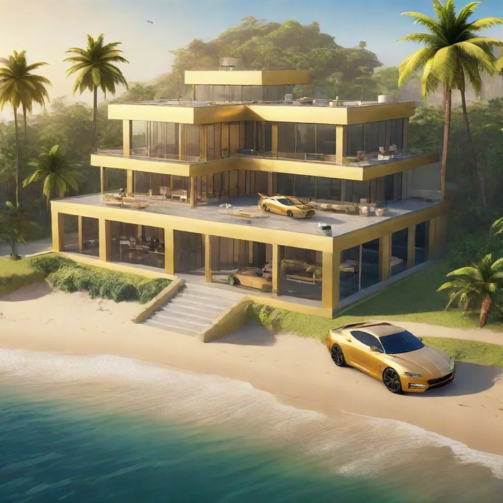 ai amazing roblox modern mansion on beach with gold car in center and helicopter awesome portrait 2 wide