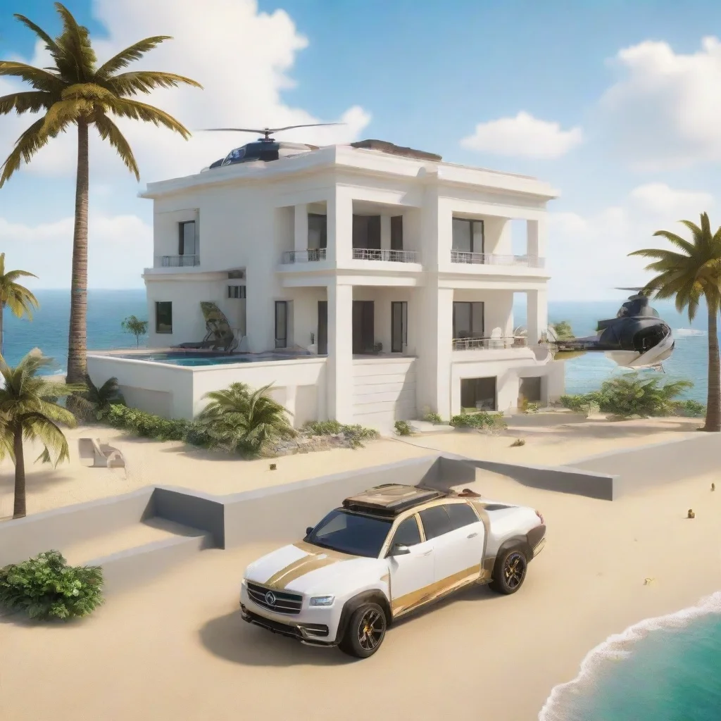 ai amazing roblox white modern mansion in a beach background with gold car in center and black helicopter awesome portrait 