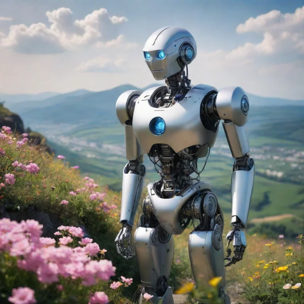  amazing robot looking at sweeping views hd aesthetic best quality beautiful landscape environment flowers awesome portra