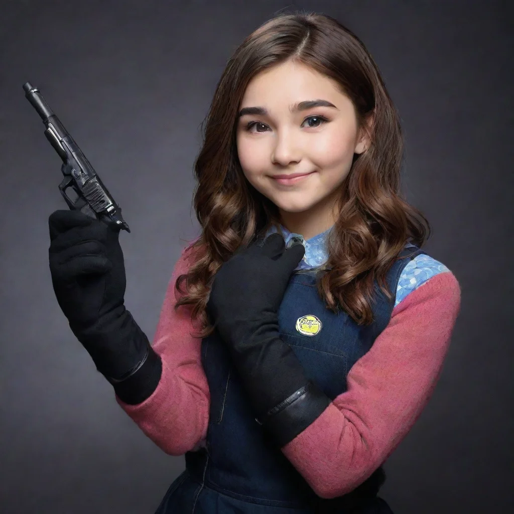 amazing rowan blanchard as riley mathews from girl meets world smiling with black gloves and gun shooting mayonnaise awe