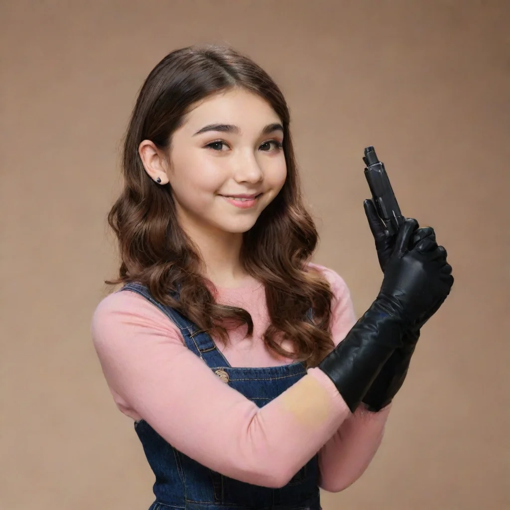 ai amazing rowan blanchardfrom girl meets world smiling with black gloves and gun shooting mayonnaise awesome portrait 2