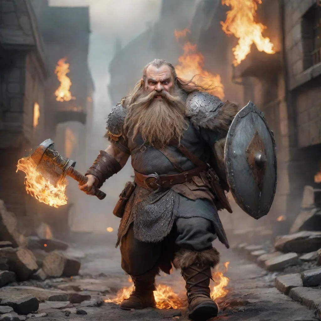  amazing running dwarf with plate mail and long beardwith a big battle axeflaming city on background awesome portrait 2