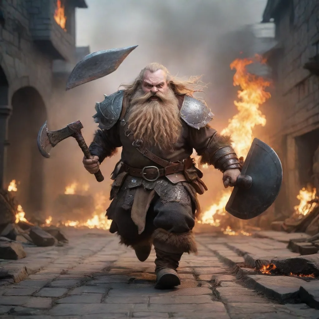  amazing running dwarf with plate mail and long beardwith a big battle axeflaming city on backgroundimage from behind awe