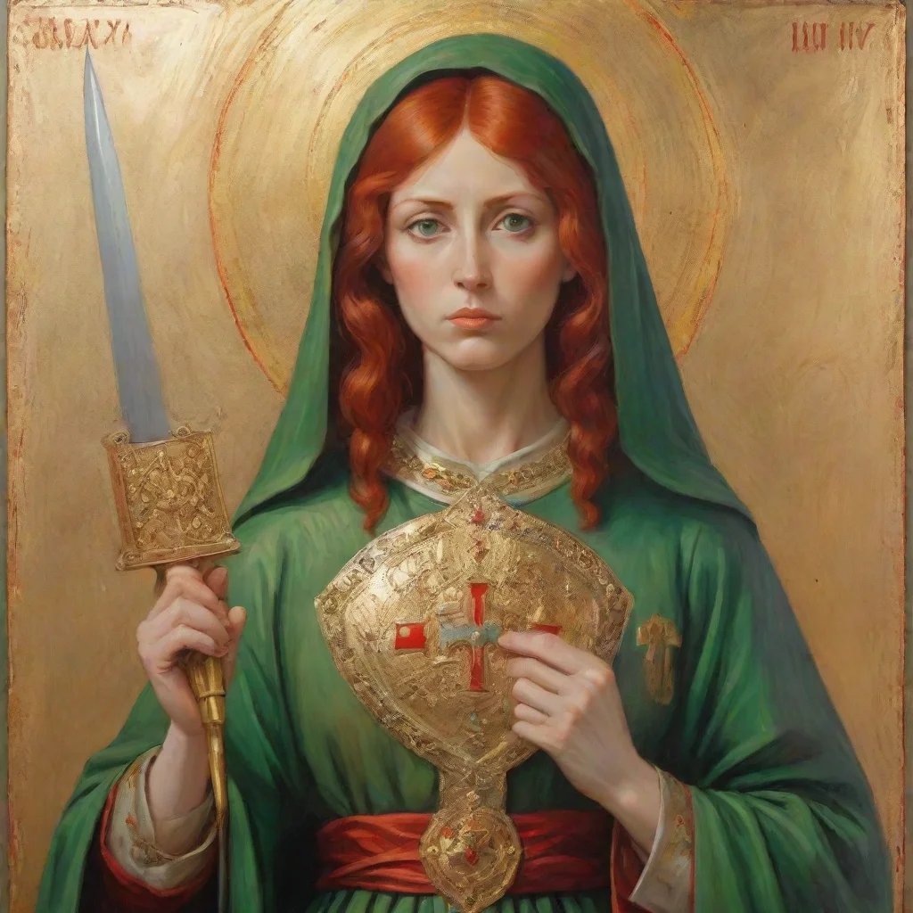 ai amazing saint javelin protector of ukraine religious iconfemale with red hair and green robes holding a gold gun awesome