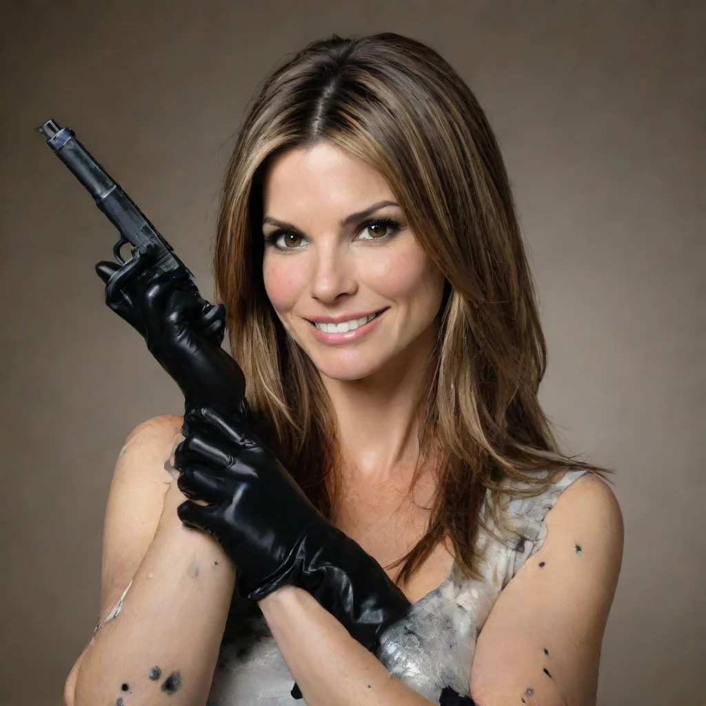 ai amazing sandra bullock from the blind side smilingwith black nitrile gloves and gun and mayonnaise splattered everywhere