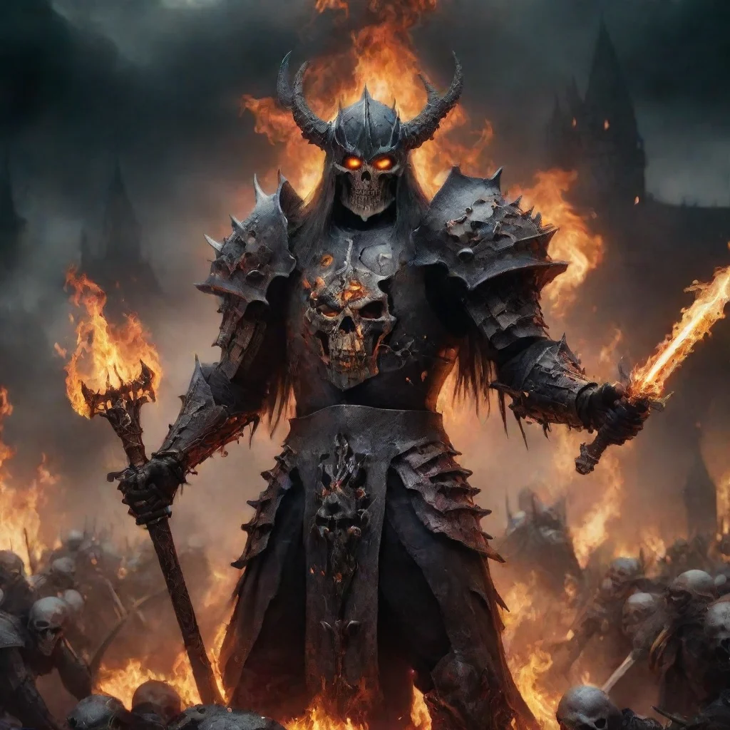ai amazing sauron holding a mace made of skulls attacking a knights army with fiery backgroud awesome portrait 2 wide