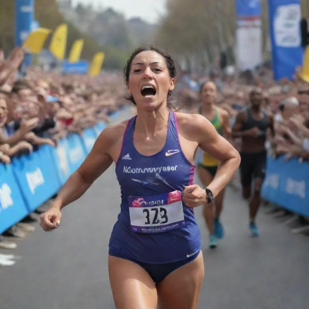 ai amazing scene descriptionthe camera captures the image of a woman determinedly crossing the finish line of a marathonthe
