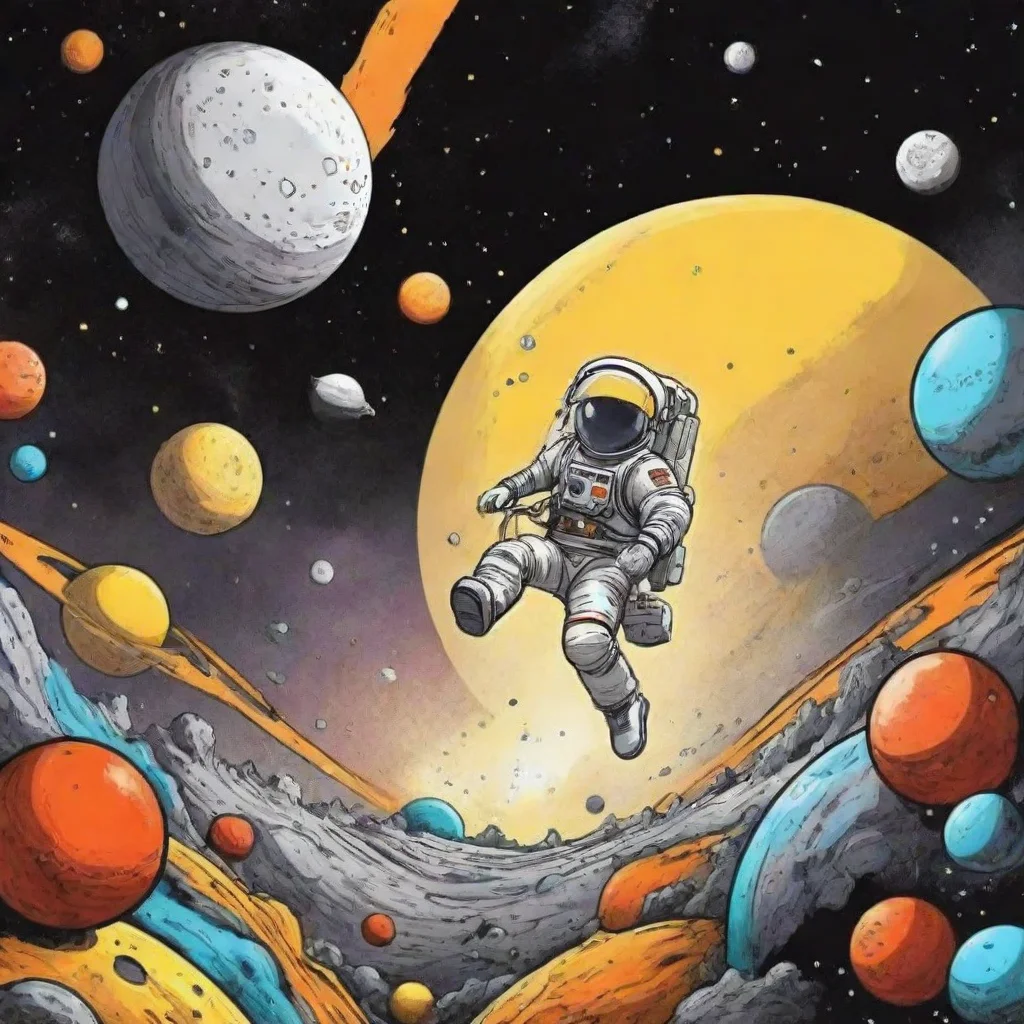  amazing scene in space in a cartoon comic stylethe overall tone is lighthearted and whimsicalwith bold black outlines an