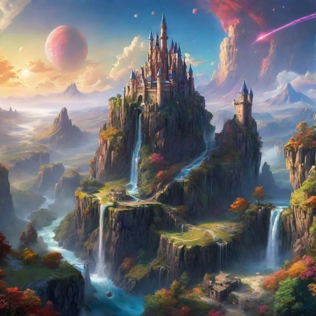 ai amazing scenery hd detailed colorful planets in sky realistic castles spiral towers high cliffs waterfalls beautiful won