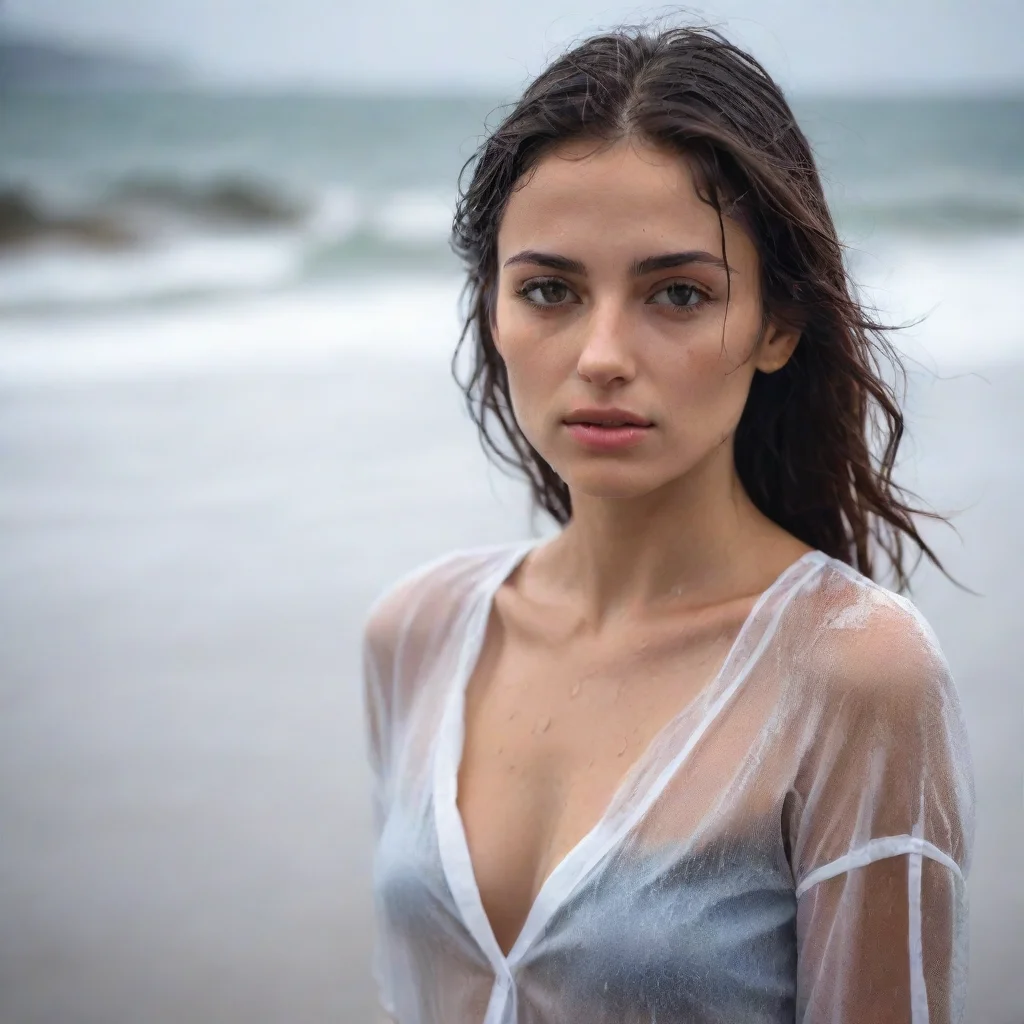  amazing sensual portrait of a lonely young italian woman in a thin transparent white shirt at a wet and rainy beach good