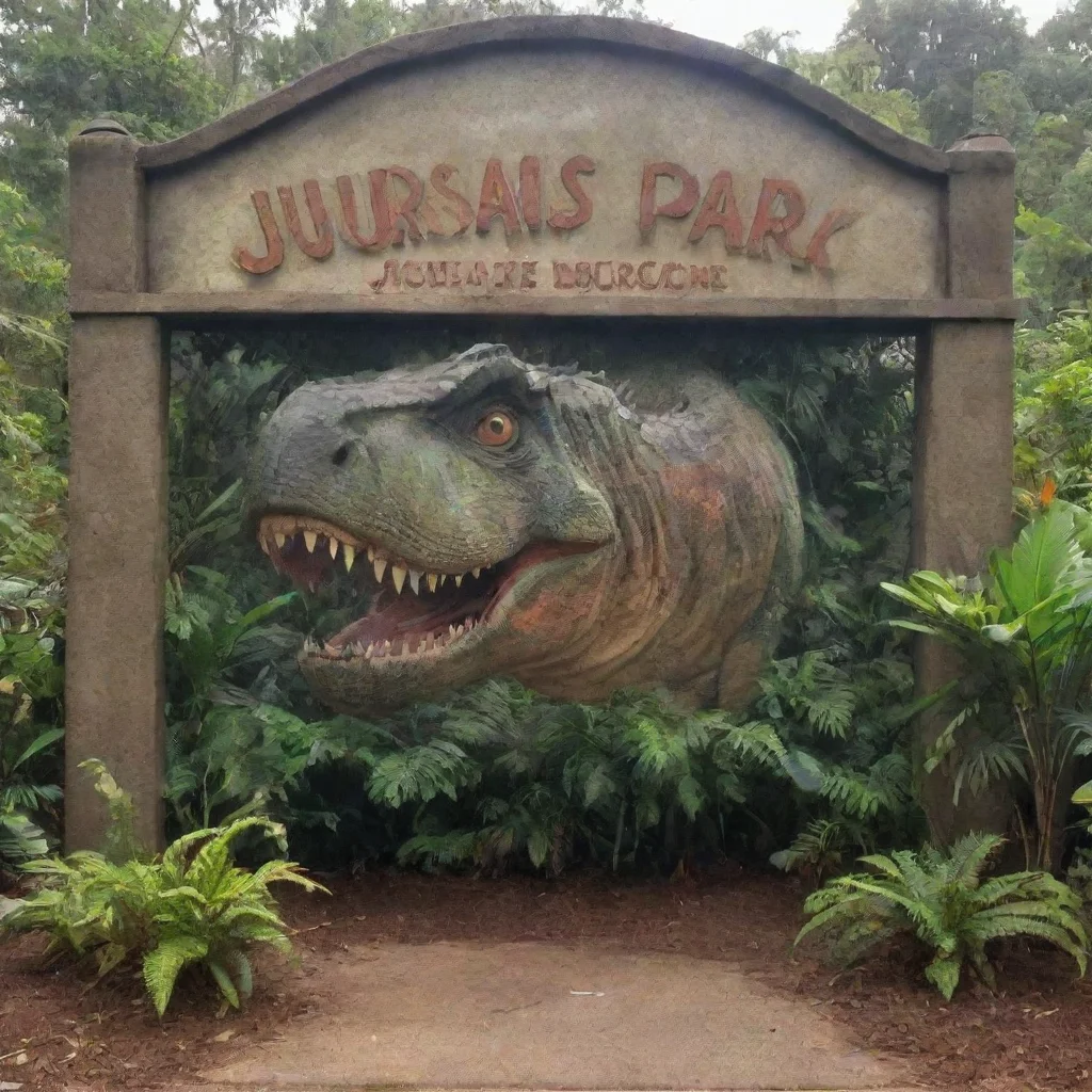 ai amazing show me a none rundown jrrasic park with a sign at the entry that says jurrasic park awesome portrait 2