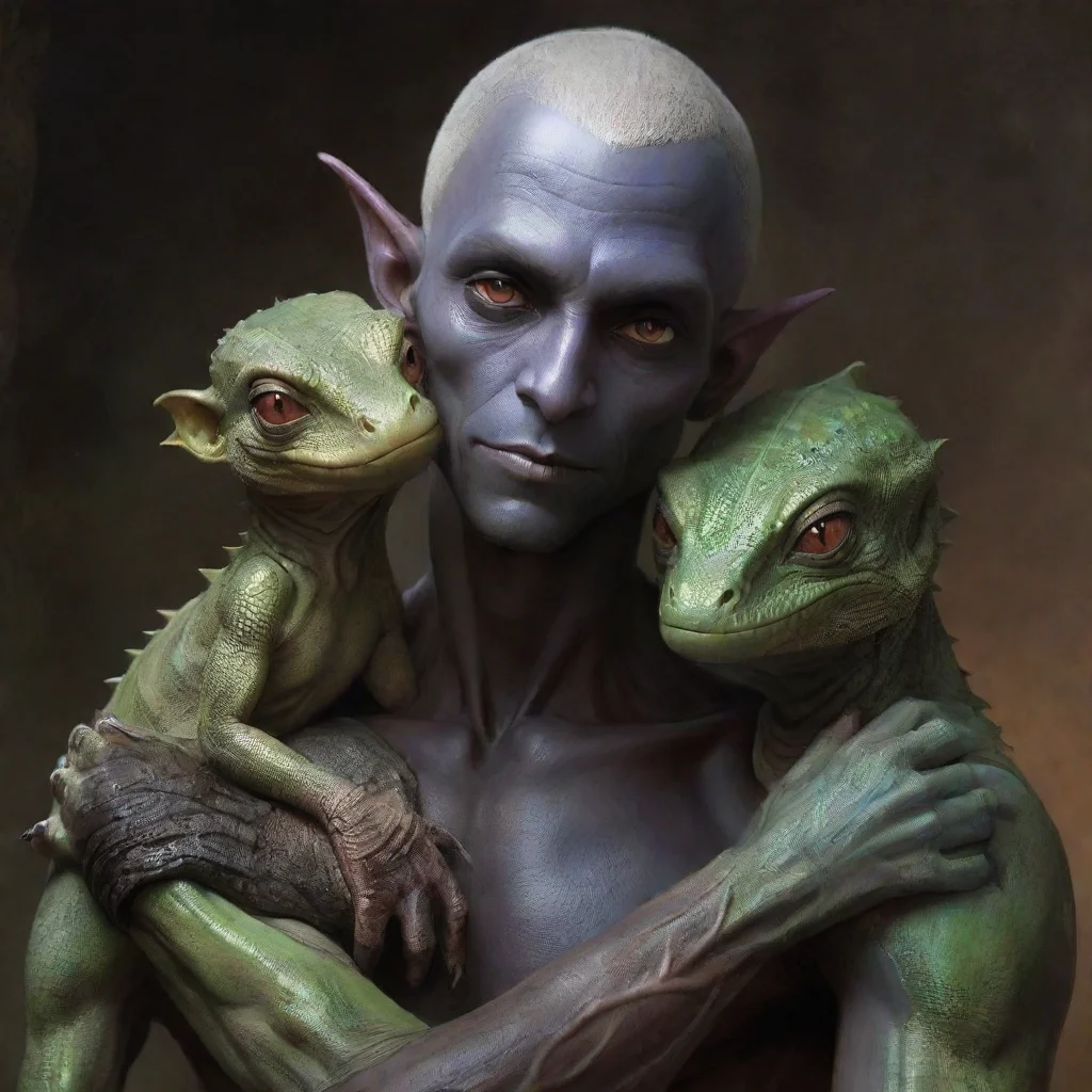 ai amazing skinny dark elf cuddles with lizard men awesome portrait 2