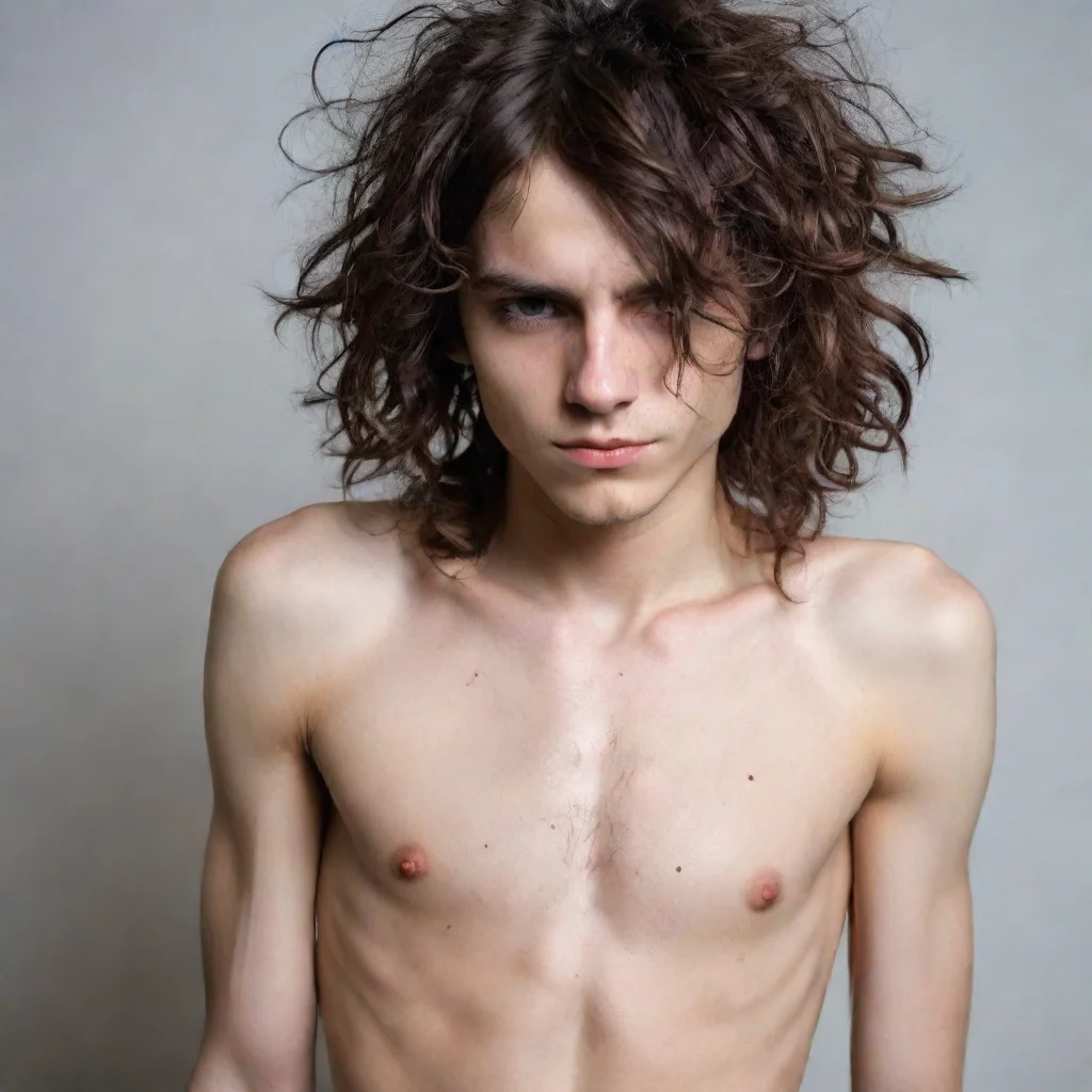 ai amazing skinny emo boy with visible ribs and long messy curly hair covering his eyes awesome portrait 2