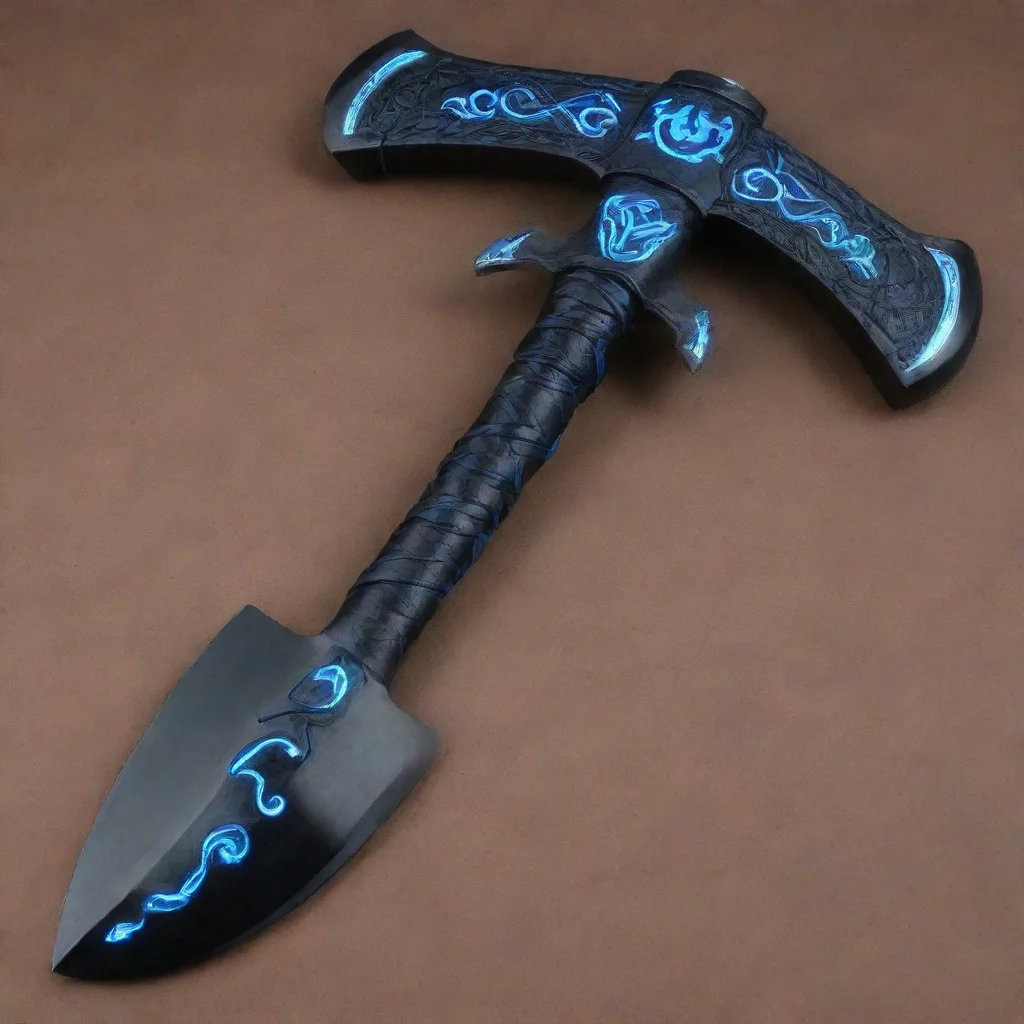  amazinga sleek black battle axe with a head crackling with blue lightning energyengraved with glowing ancient runesthe h