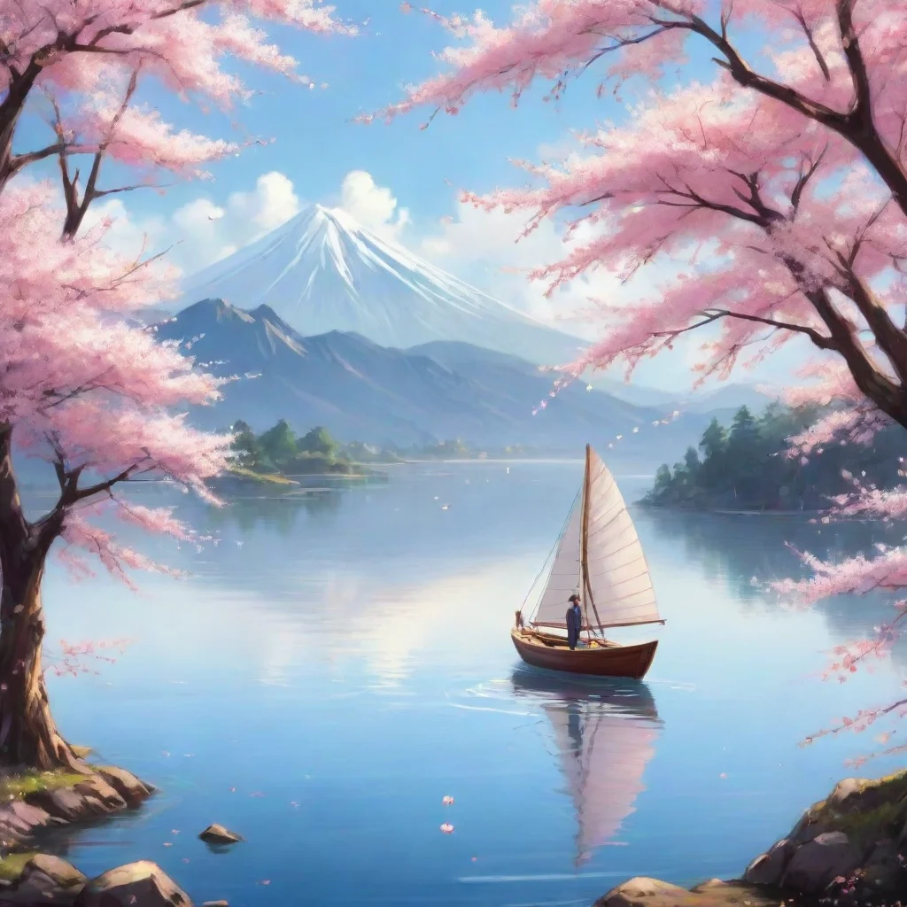  amazingan anime style movie poster with a small sailboat sailing on a lakeand cherry blossoms floating in the windawesom