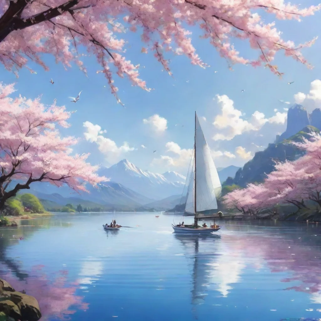 ai amazingan anime style movie poster with a trimaran sailing on a lakeand cherry blossoms floating in the windawesome port