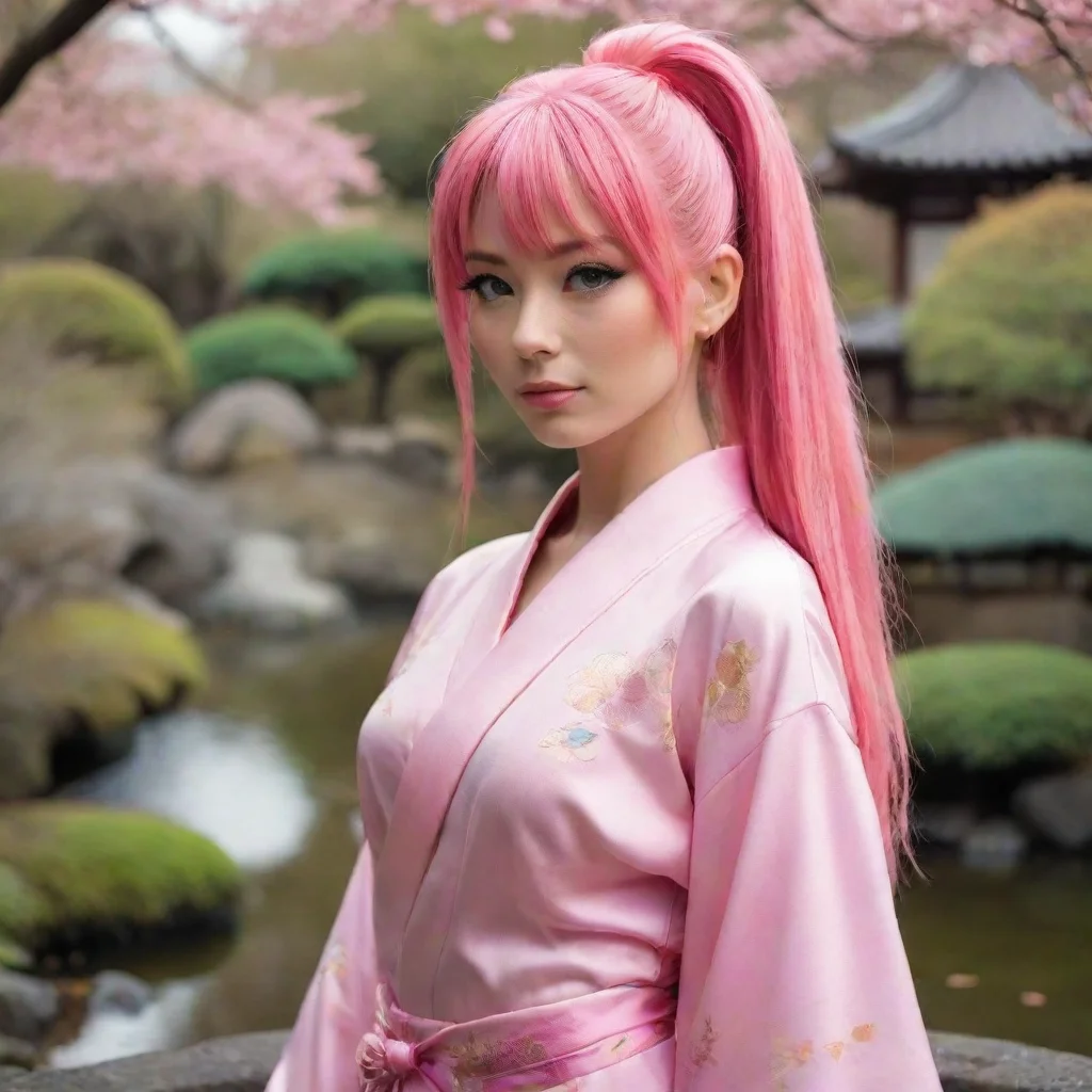 ai amazingchick with pink hair with a very long ponytail with fringes dressed in a very tight pink kimono in a japanese gar