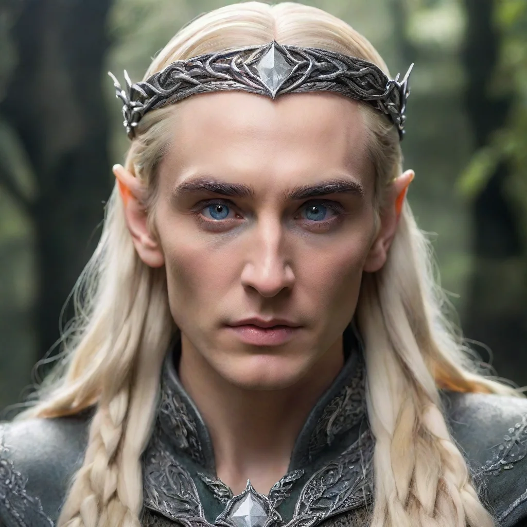 ai amazingking thranduil with blond hair and braids wearing small silver serpentine elvish circlet with large center diamon