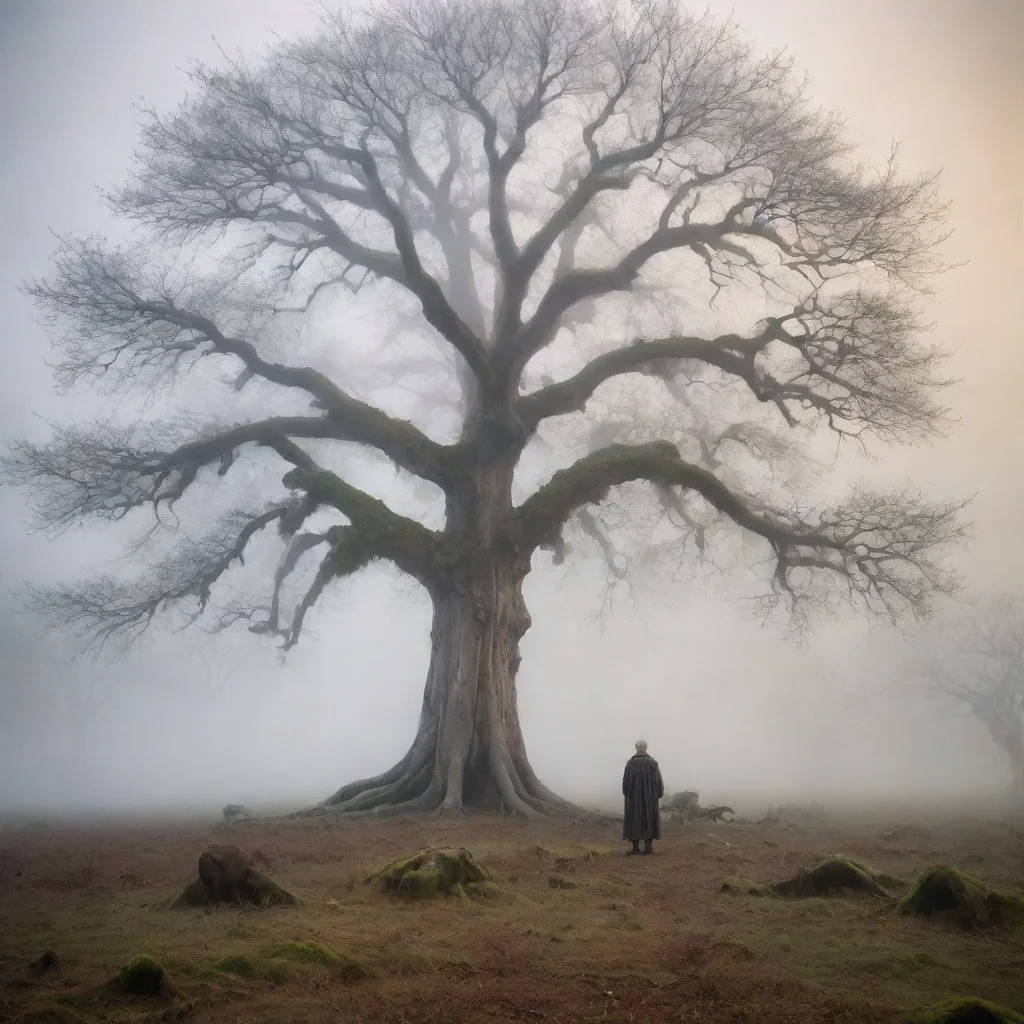  amazingmisty landscape filled with ancient treeswhere whispers of tales and legends lingerin the distancea figure stands