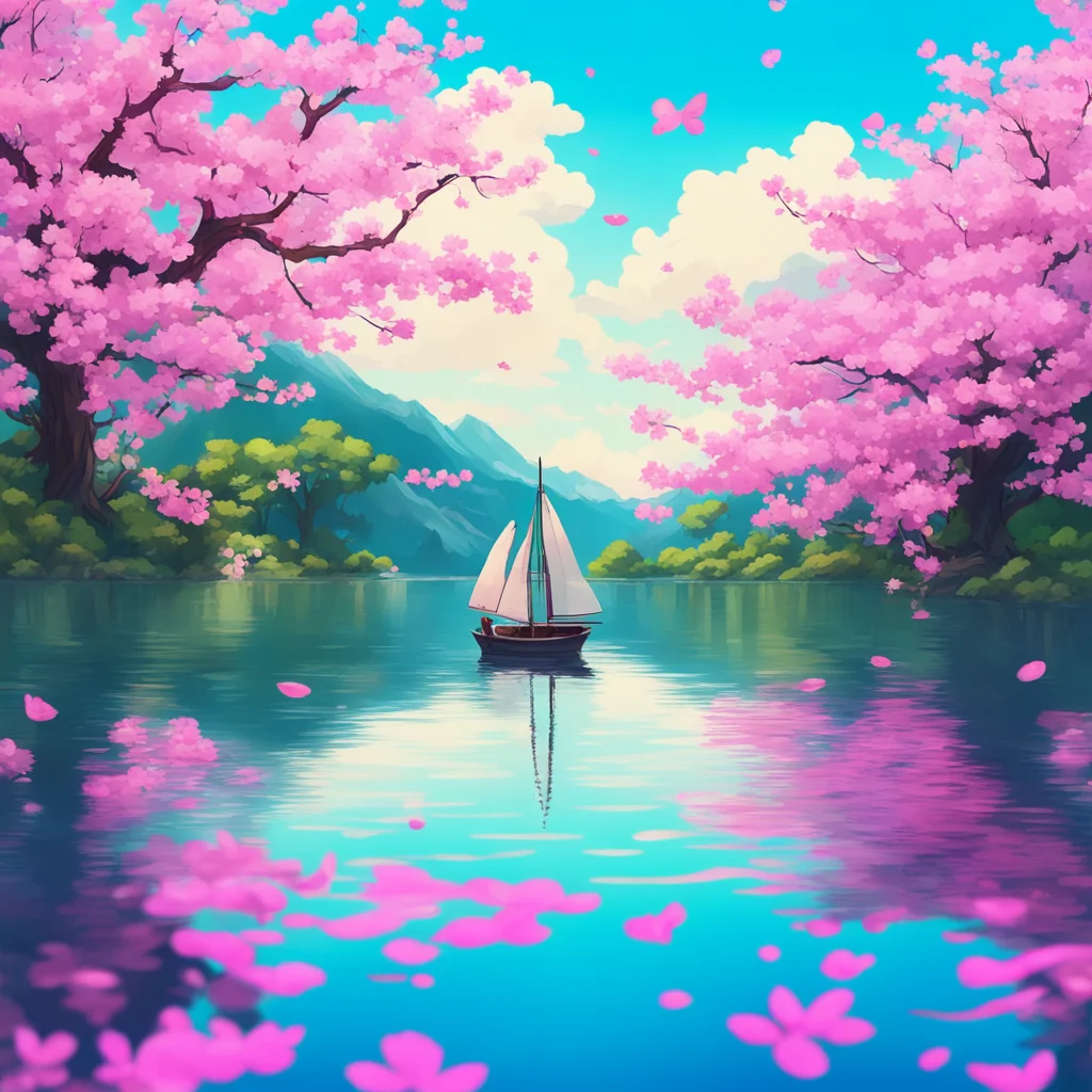 ai an anime style movie poster with a small sailboat sailing on a lake%2C and cherry blossoms floating in the wind 