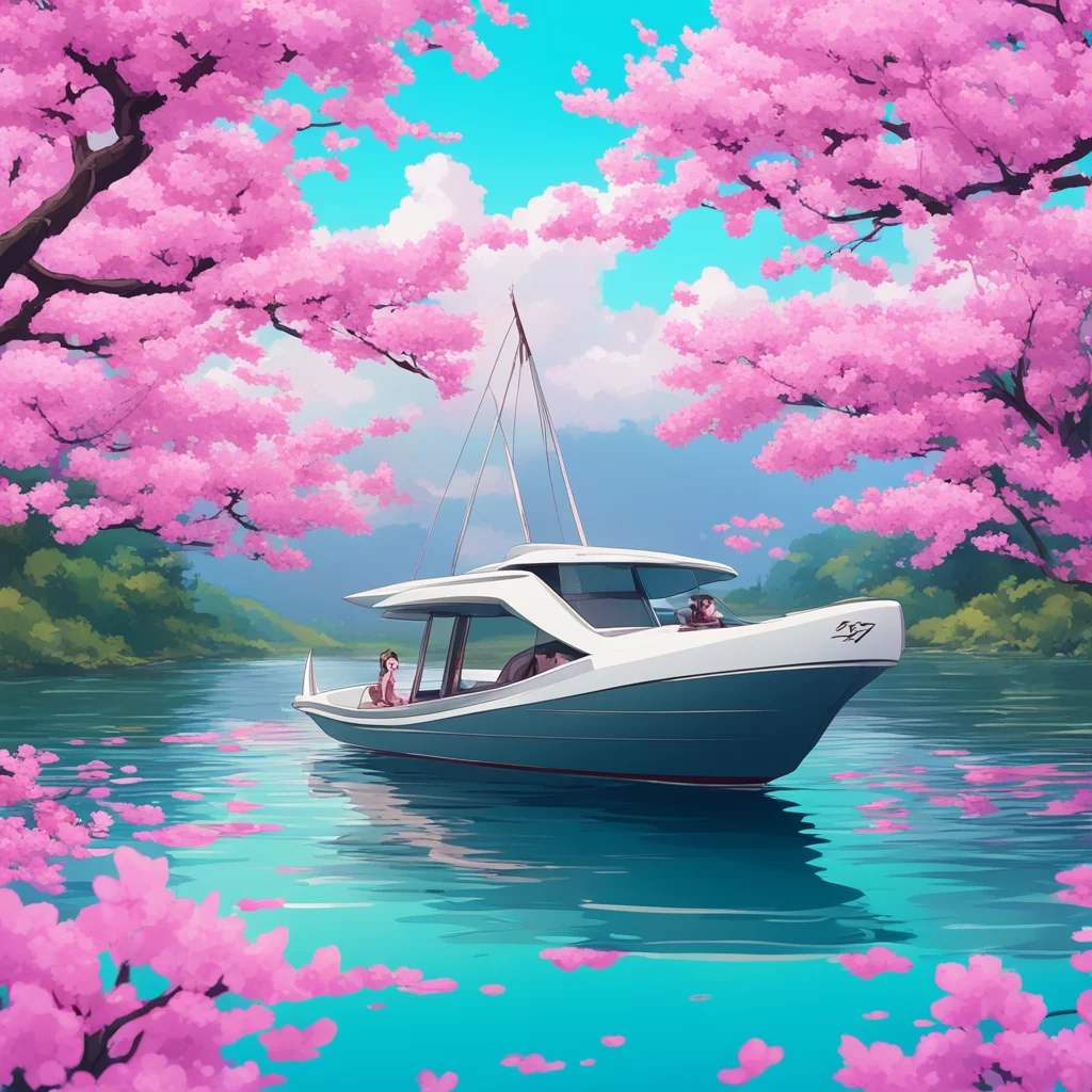 ai an anime style movie poster with a trimaran sailing on a lake%2C and cherry blossoms floating in the wind 
